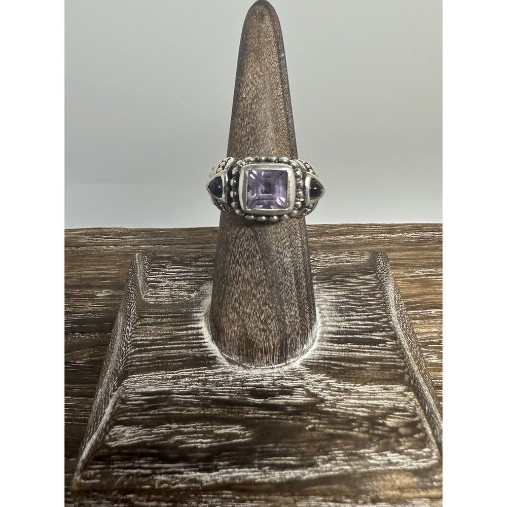 Vintage Sterling Silver 3 Stone Amethyst Ornate Ring February Birthstone Sz 7.75